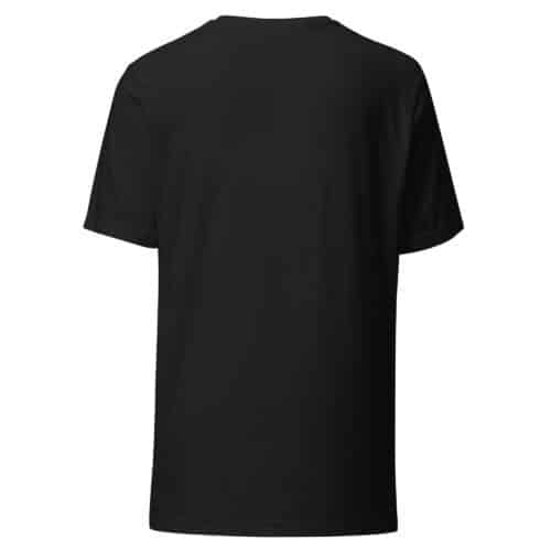 Back view of a plain black T-shirt with short sleeves on a white background.